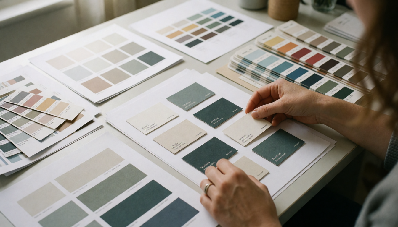 Brand color swatches laid out on a studio table