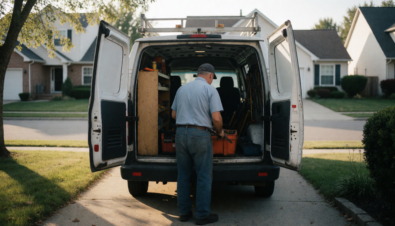 A plumber loading a work van in a Denver driveway