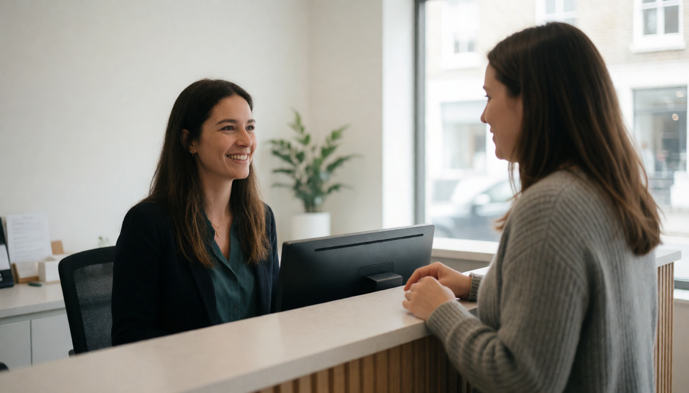 A patient checking in at a clinic reception desk