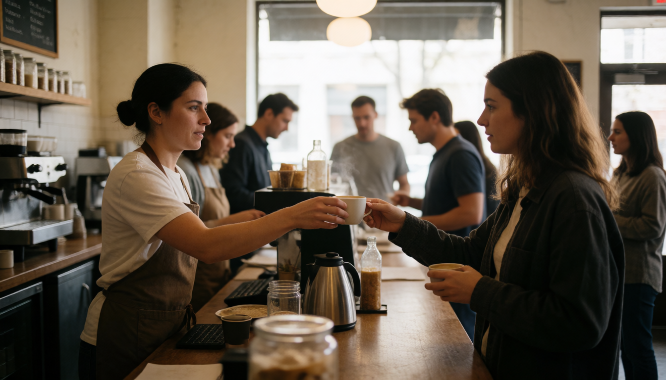 A cafe owner serving a customer at the counter