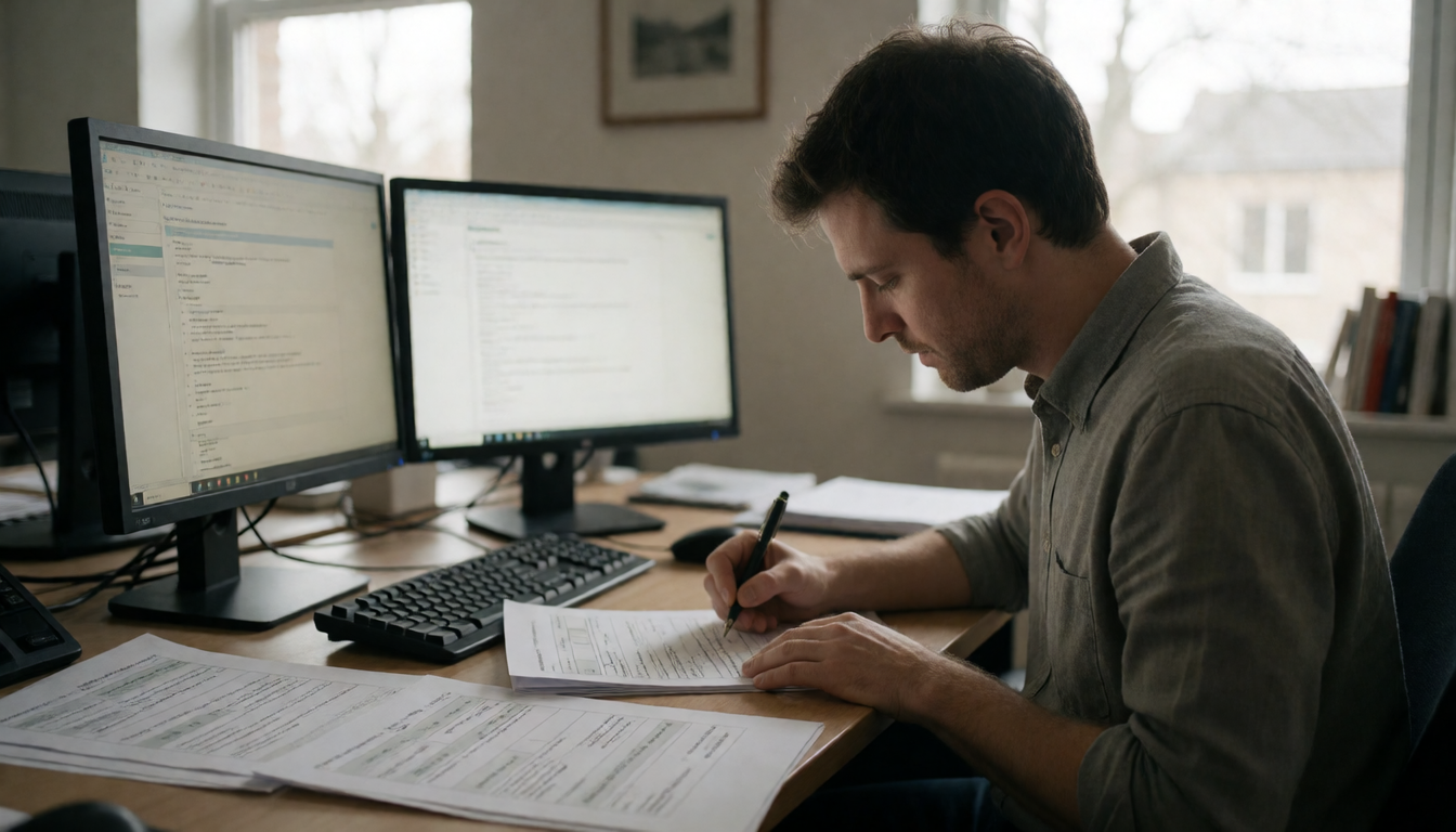 An analyst working across two monitors