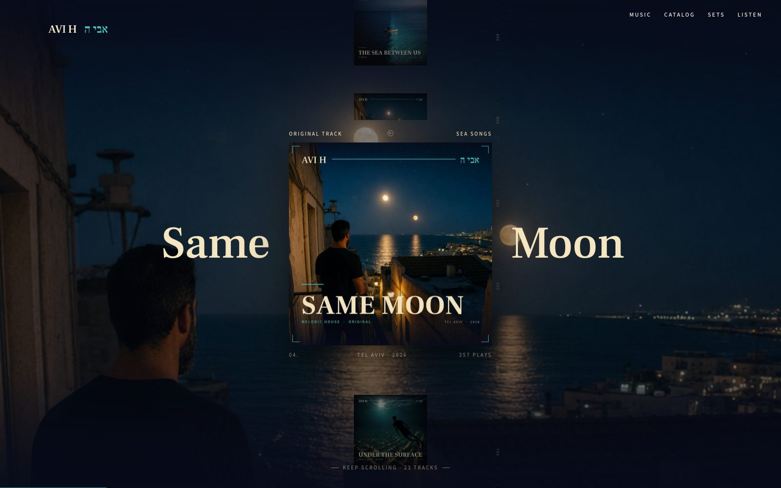 The track reel on the Avi H site: Same Moon in the center with its cover, title and play count