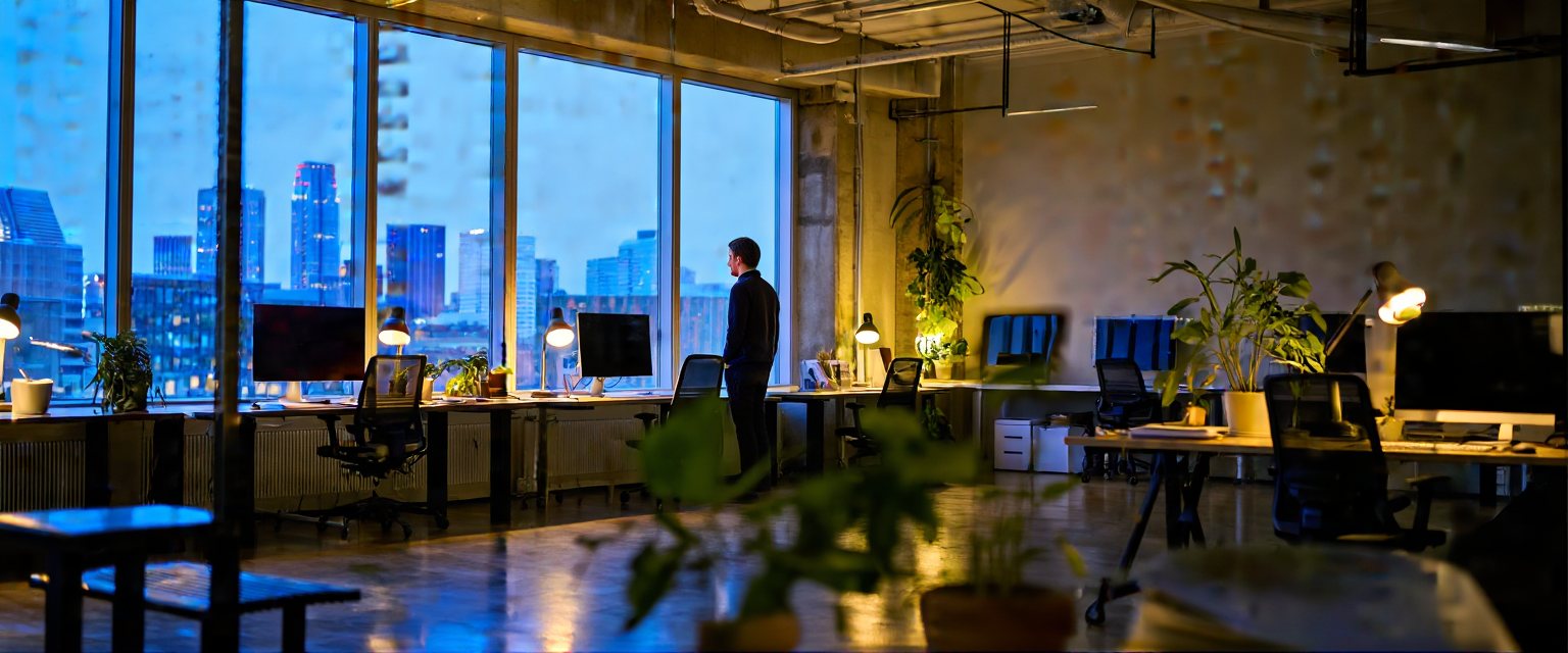A modern Denver marketing studio at dusk