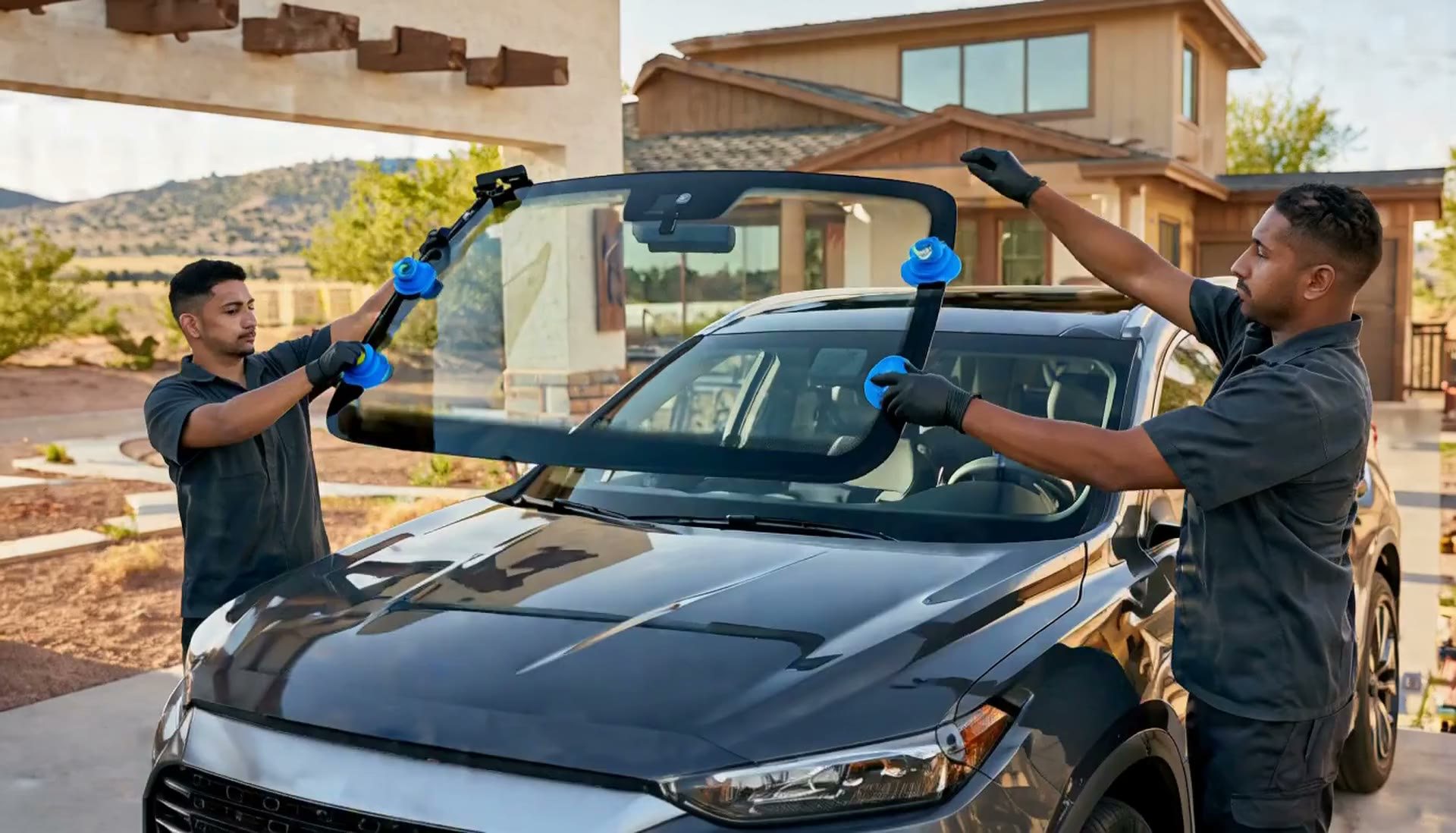 A Glassy Auto Glass crew setting a new windshield in a Denver driveway