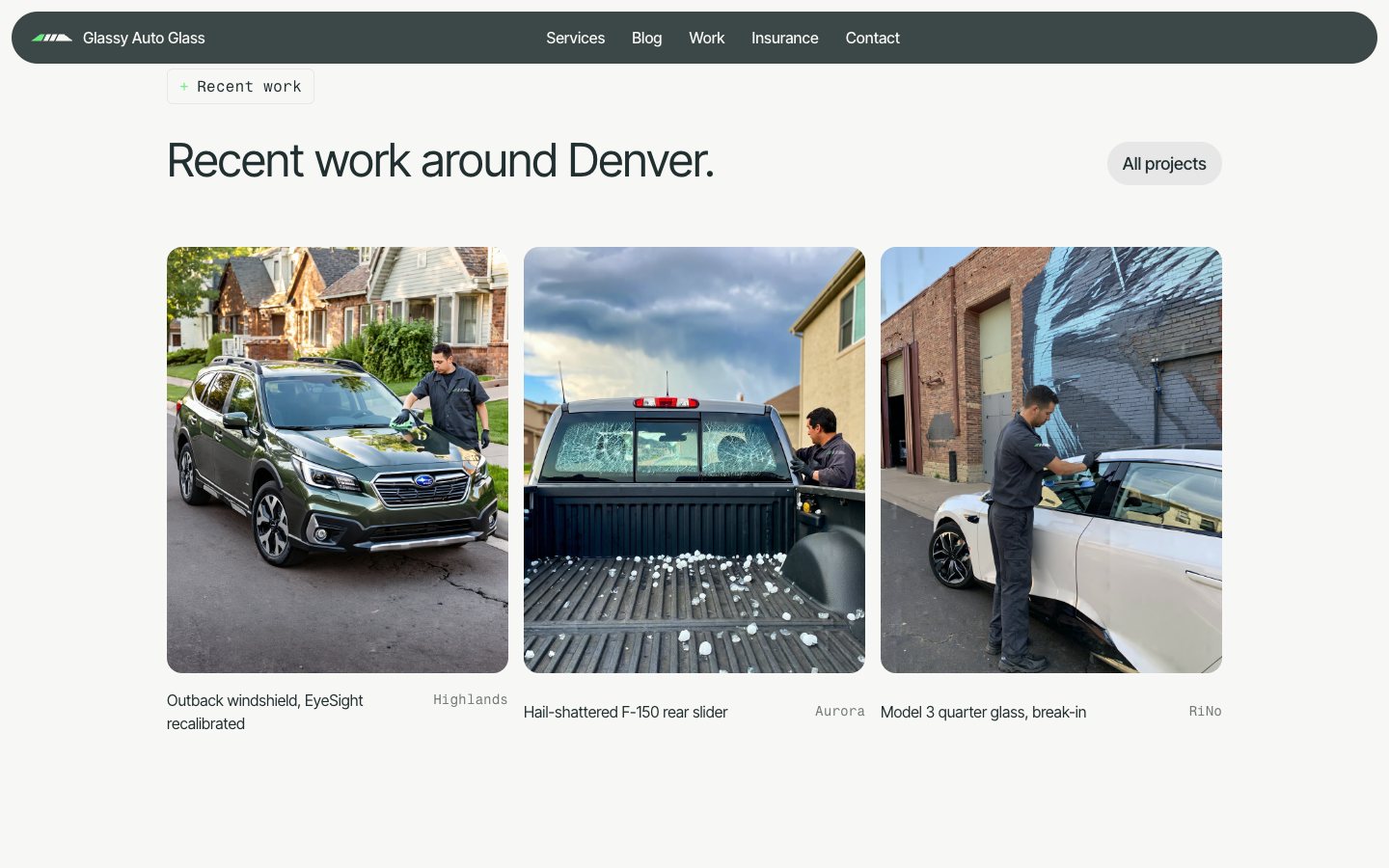 Recent work section of the Glassy Auto Glass site