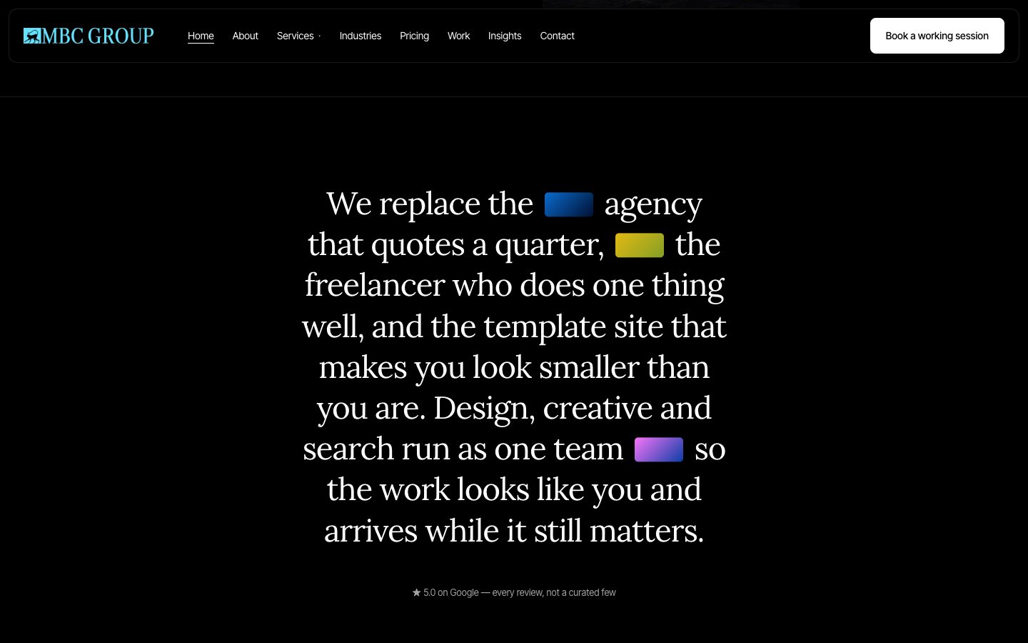 mbcgroup.ai: One team for design, creative and search, stated on the homepage