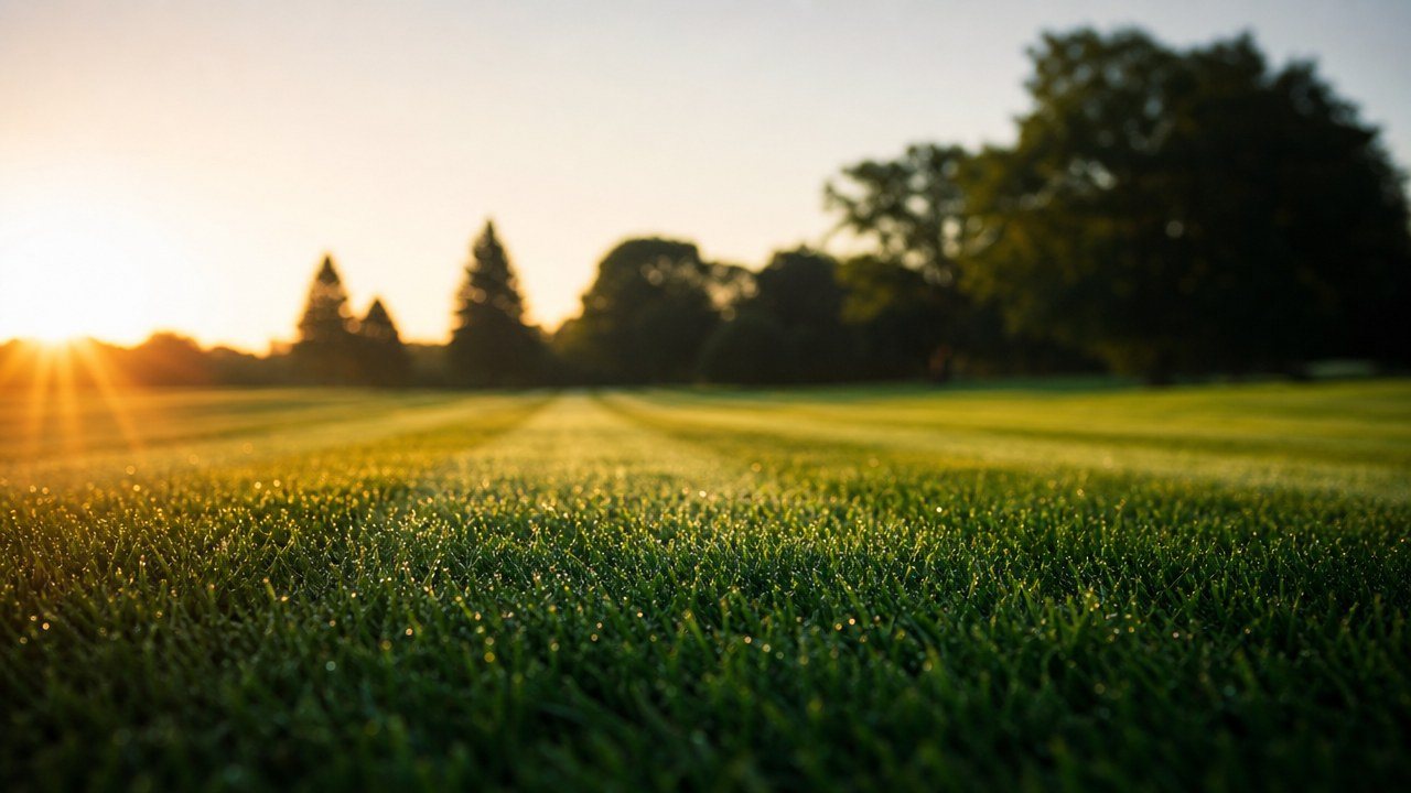 A freshly cut lawn at sunrise, MBC Group photography for Pink Flamingo Lawn Service